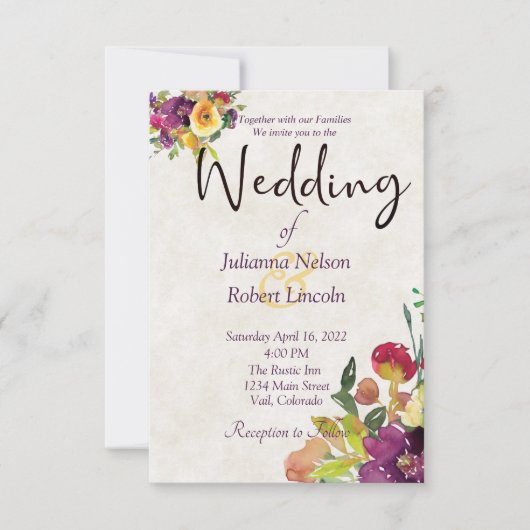 Bourgogne en gele waterverf florale bruiloft invi kaart (Voorkant)