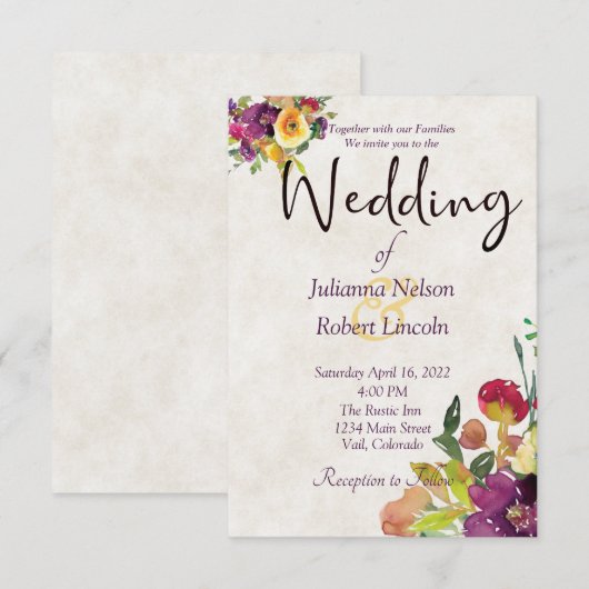 Bourgogne en gele waterverf florale bruiloft invi kaart (Voorkant / Achterkant)