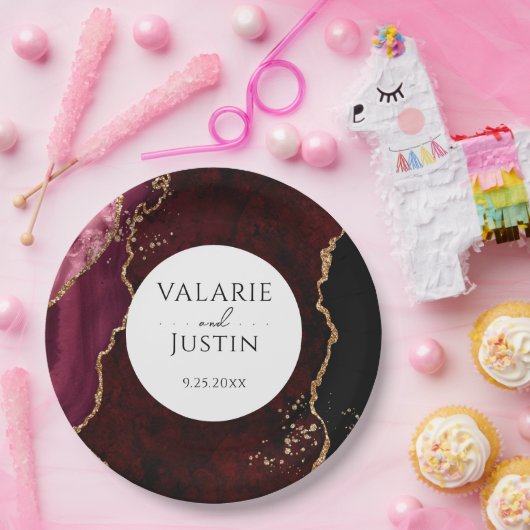 Bourgogne en Glitter Agate Wedding Papieren Bordje (Feest)