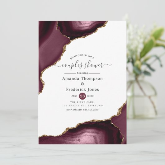 Bourgogne en Gold Agate Couples Shower Kaart (Staand voorkant)