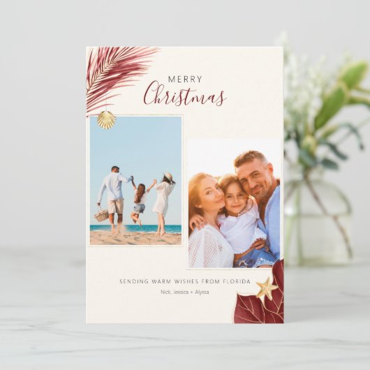 Bourgogne en Gold Tropical 2-fotokerstmis Feestdagenkaart (Staand voorkant)