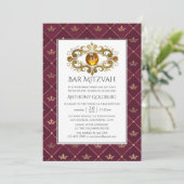 Bourgogne en Goud Heraldische Monogram Bar Mitzvah Kaart (Staand voorkant)