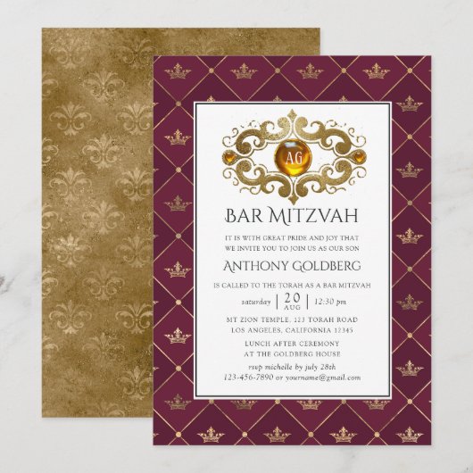 Bourgogne en Goud Heraldische Monogram Bar Mitzvah Kaart (Voorkant / Achterkant)