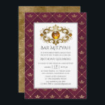 Bourgogne en Goud Heraldische Monogram Bar Mitzvah Kaart<br><div class="desc">luxe kroonrooster bar mitswa met een monogram edelsteen en een gouden damast achterkant.</div>