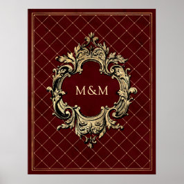 Bourgogne en Goud  Luxe Lattice Monogram Poster