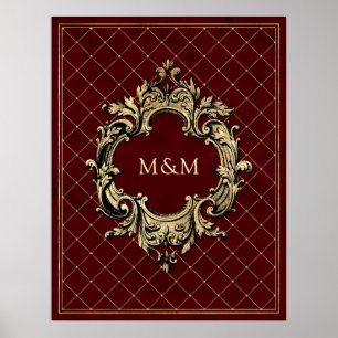 Bourgogne en Goud  Luxe Lattice Monogram Poster