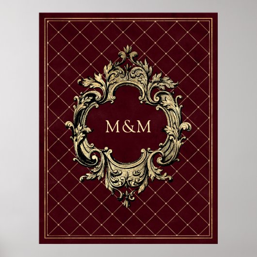 Bourgogne en Goud  Luxe Lattice Monogram Poster (Voorkant)
