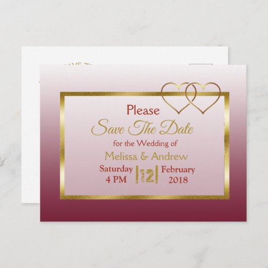 Bourgogne en goud Save the Date Briefkaarten (Voorkant / Achterkant)