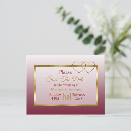 Bourgogne en goud Save the Date Briefkaarten (Staand voorkant)