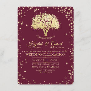 Bourgogne en goudbomen en Sparkle Wedding Kaart