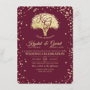 Bourgogne en goudbomen en Sparkle Wedding Kaart