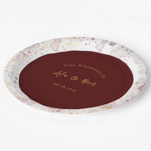 Bourgogne en gouden alcohol inkt bruiloft papieren bordje (Gekanteld)