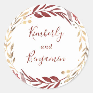 Bourgogne en gouden bladeren - Wreath Wedding Ronde Sticker