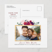 Bourgogne en Gouden Bloemen Bewaar de Datum Foto Aankondigingskaart (Voorkant / Achterkant)