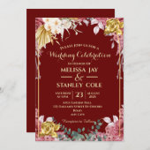 Bourgogne en gouden Eucalyptus Wreath Wedding Kaart (Voorkant / Achterkant)