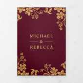 Bourgogne en Gouden Folie Bloemen Bladeren Bruilof Drieluik Uitnodiging (Cover)