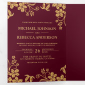 Bourgogne en Gouden Folie Bloemen Bladeren Bruilof Drieluik Uitnodiging (Binnenzijde eerst)