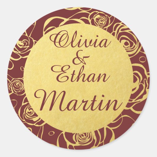 Bourgogne en gouden folie bloemen ronde sticker (Voorkant)