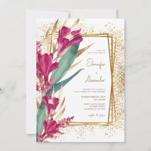 Bourgogne en Gouden Glitter Sparkle Bruiloft Kaart (Voorkant)