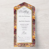 Bourgogne en gouden handdoeken Floral Gold Lijst All In One Uitnodiging (Binnen)