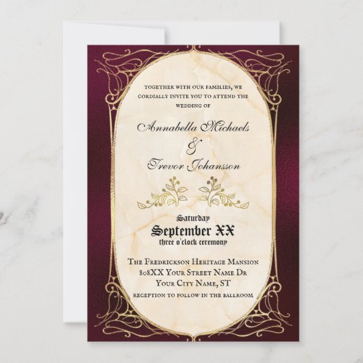 Bourgogne en gouden middeleeuwse bruiloft kaart (Voorkant)