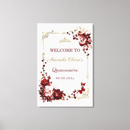 Bourgogne en gouden Quinceañera Welkom Printable Canvas Afdruk (Voorkant)