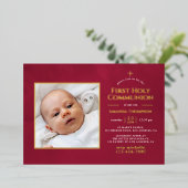 Bourgogne en goudflora Heilige Communie Folie Uitnodiging (Staand Voorkant)