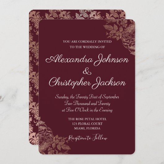 Bourgogne en goudflora Rozen bruiloft Kaart (Voorkant / Achterkant)