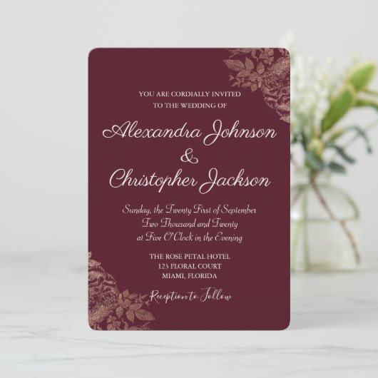 Bourgogne en goudflora Rozen bruiloft Kaart (Staand voorkant)