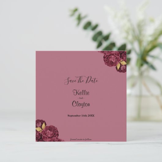 Bourgogne en goudflora sparen de datum save the date (Staand voorkant)