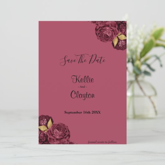 Bourgogne en goudflora sparen de datum save the date (Staand voorkant)