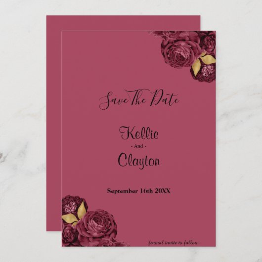 Bourgogne en goudflora sparen de datum save the date (Voorkant / Achterkant)