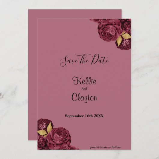 Bourgogne en goudflora sparen de datum save the date (Voorkant / Achterkant)