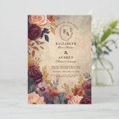  Bourgogne en goudFloral Wedding Kaart (Staand voorkant)