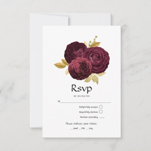  Bourgogne en goudFloral Wedding RSVP Kaartje (Voorkant)