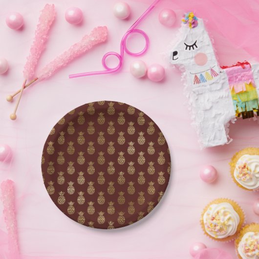 Bourgogne en goudfolie ananaspatroon papieren bordje (Feest)