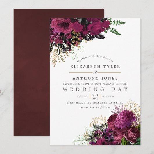  Bourgogne en goudshabby Floral Wedding Kaart (Voorkant / Achterkant)