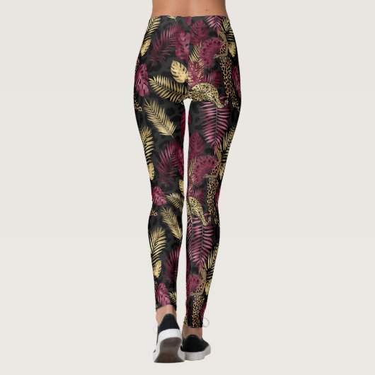 Bourgogne en goudtropisch bladpatroon leggings (Achterkant)