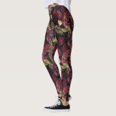 Bourgogne en goudtropisch bladpatroon leggings (Links)