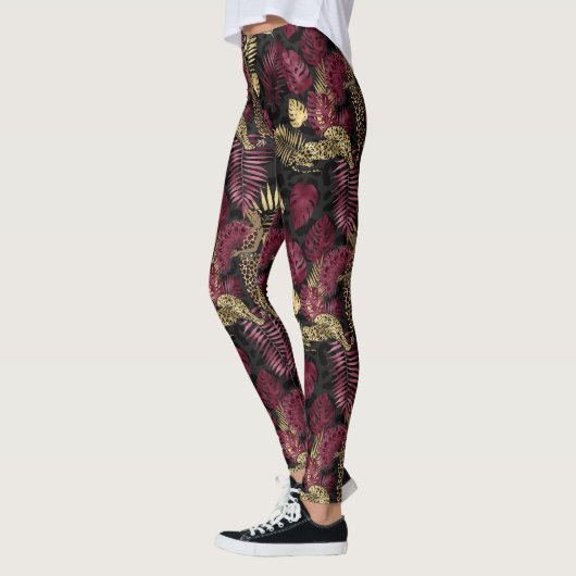 Bourgogne en goudtropisch bladpatroon leggings (Links)