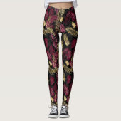 Bourgogne en goudtropisch bladpatroon leggings (Voorkant)