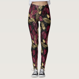 Bourgogne en goudtropisch bladpatroon leggings