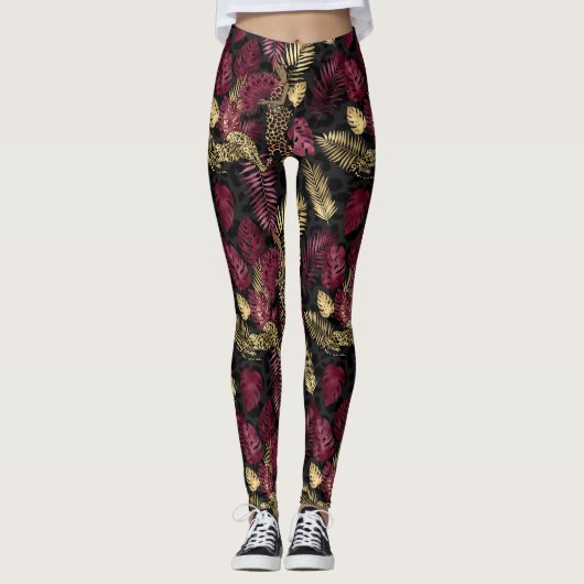 Bourgogne en goudtropisch bladpatroon leggings (Voorkant)