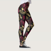Bourgogne en goudtropisch bladpatroon leggings (Rechts)