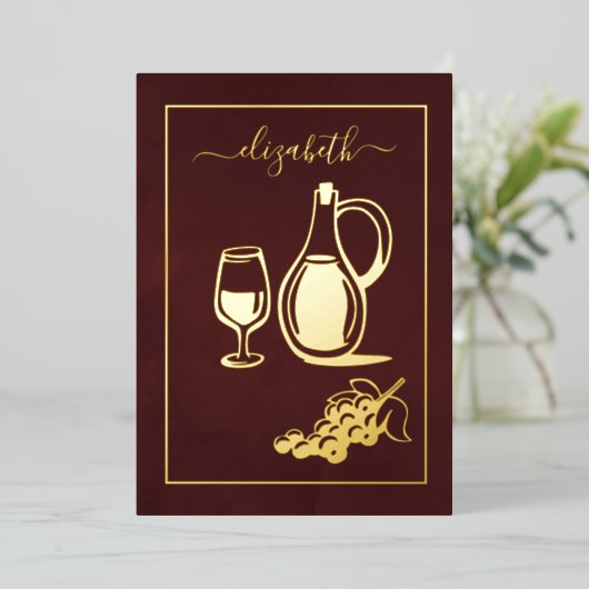 Bourgogne en goudwijn - Vrijgezellenfeest Folie Uitnodiging (Staand Voorkant)