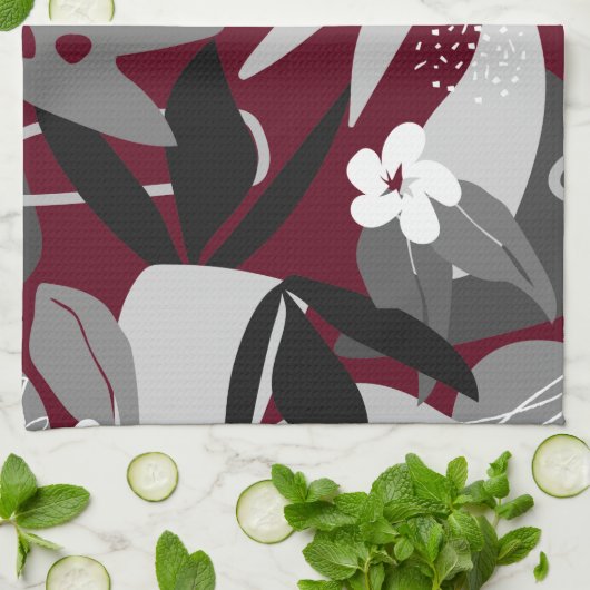 Bourgogne en grijs modern Tropisch Leaf Pattern Theedoek (Gevouwen)
