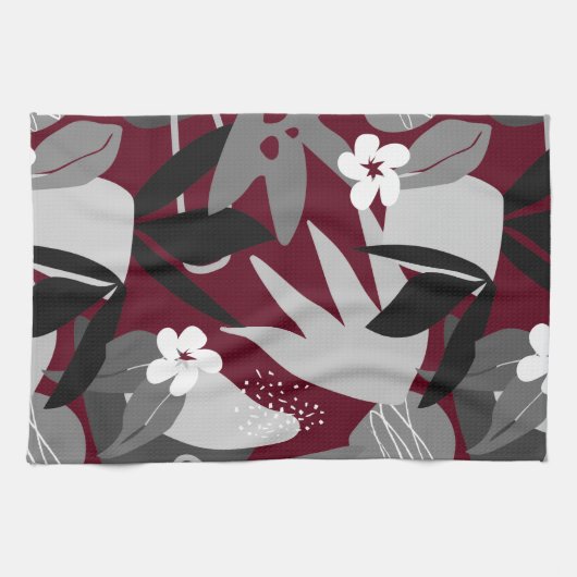 Bourgogne en grijs modern Tropisch Leaf Pattern Theedoek (Horizontaal)