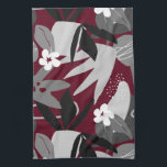 Bourgogne en grijs modern Tropisch Leaf Pattern Theedoek<br><div class="desc">De moderne keukenhanddoek is voorzien van een botanische vormgeving met een artistieke Memphis-stijl in een rijk grauw en grijs kleurenpalet met zwarte en witte accenten. Voeg een stukje moderne stijl toe aan je keuken met deze stijlvolle, botanische keukenhanddoek. Een stijlvolle moderne toevoeging aan je keukenhanddoek collectie, een doordacht modern cadeau...</div>