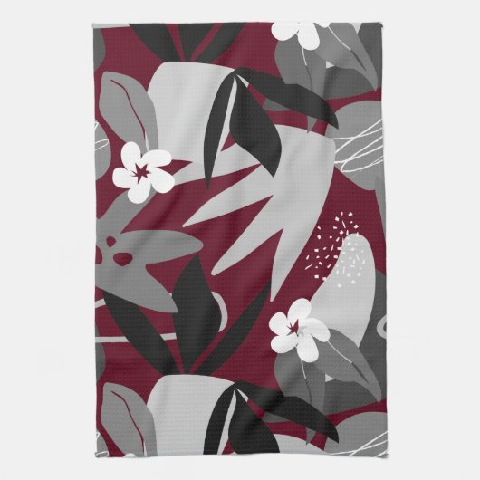 Bourgogne en grijs modern Tropisch Leaf Pattern Theedoek (Verticaal)