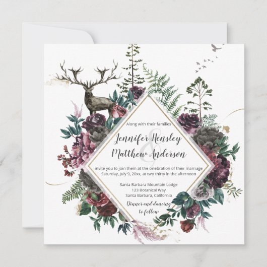 Bourgogne en grijze bloemen met hert en groen | kaart (Voorkant)